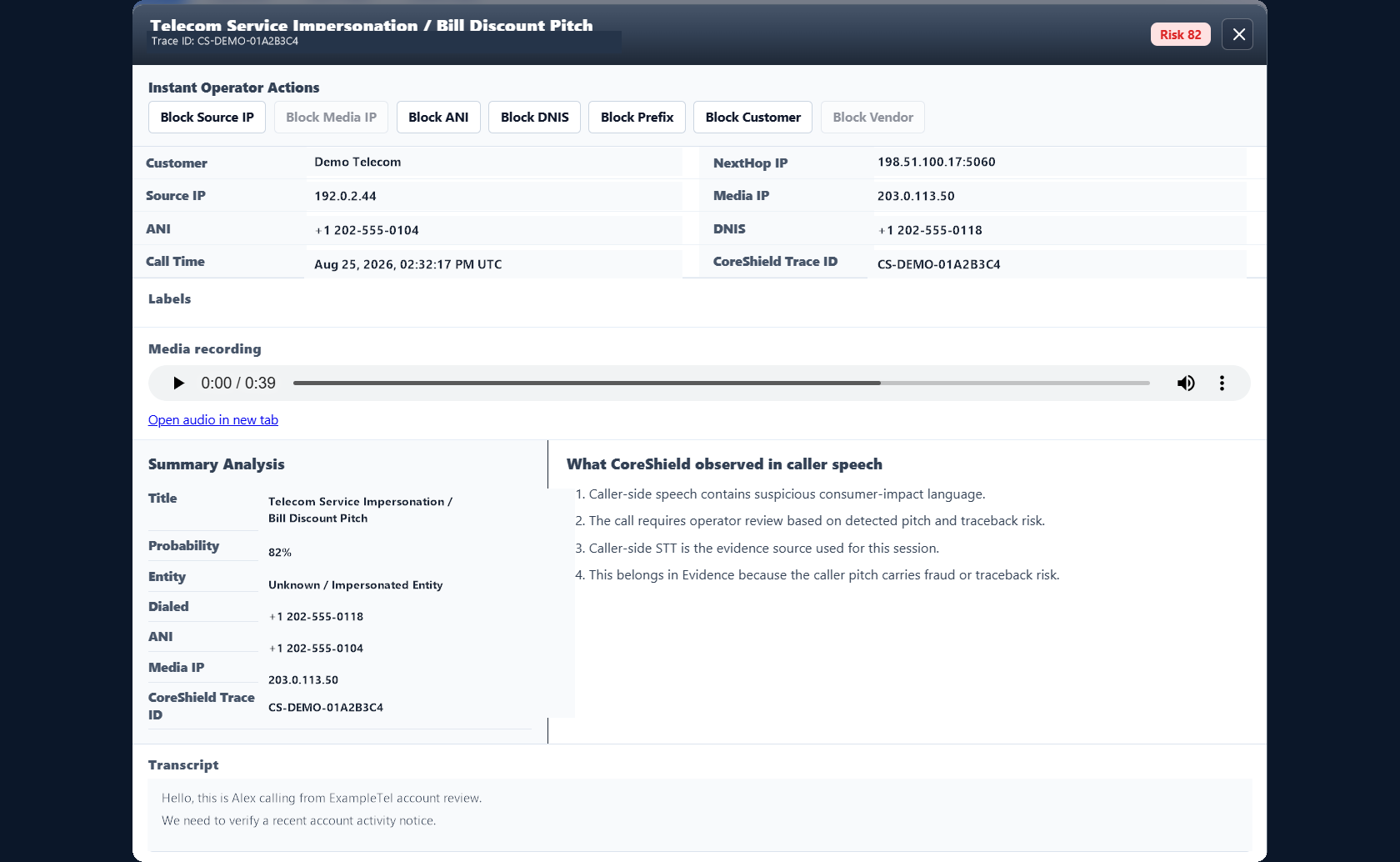 CoreShield AI evidence detail showing anonymized telecom identity fields, caller speech analysis, transcript, and operator controls.